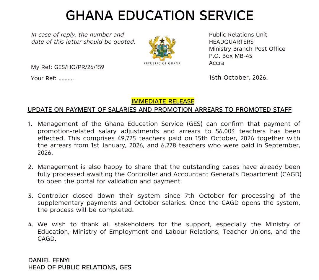 GES Settles Promotion Salary Adjustments and Arrears for 56,003 Teachers